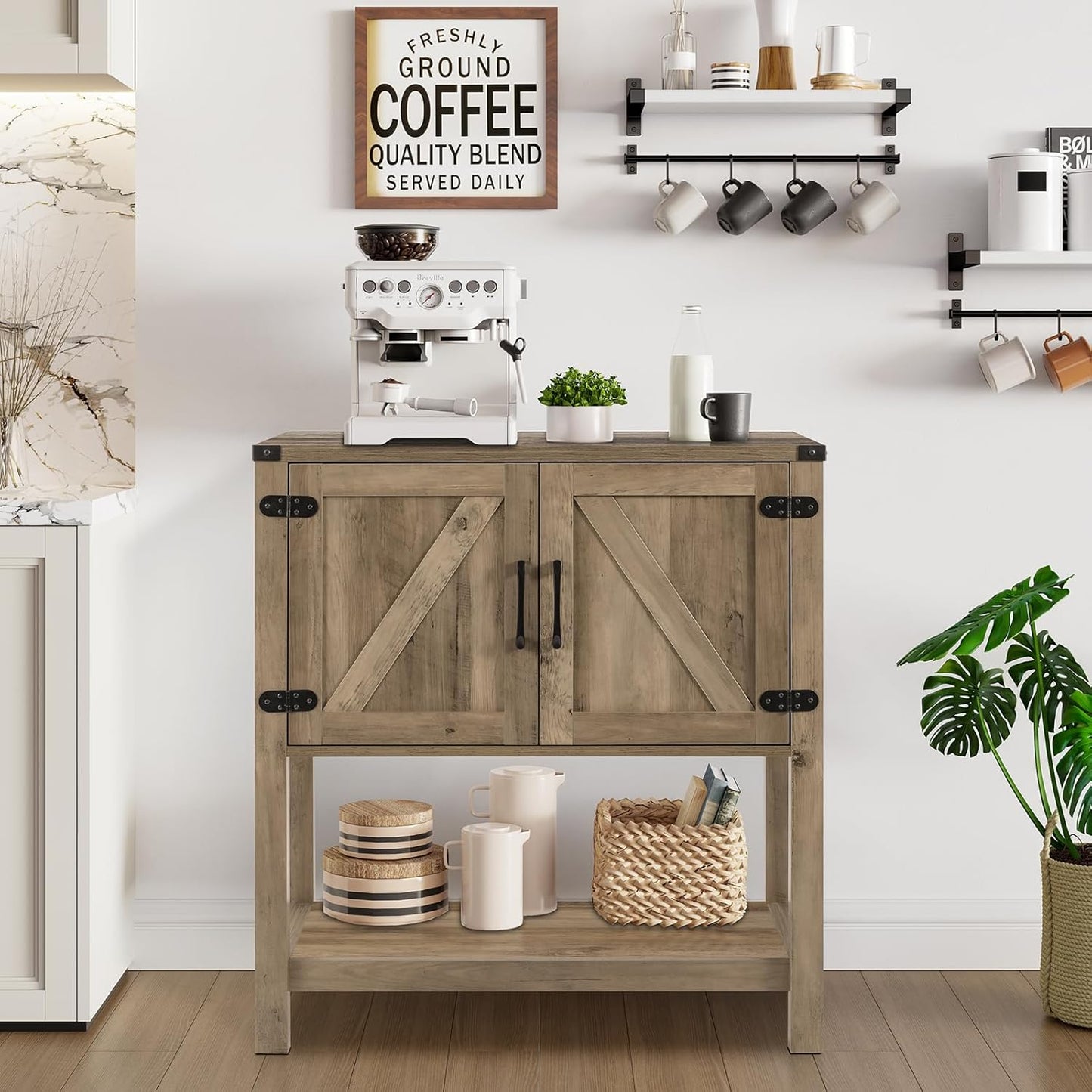 Light oak console table with storage cabinet and two shelves, black strap-style handles