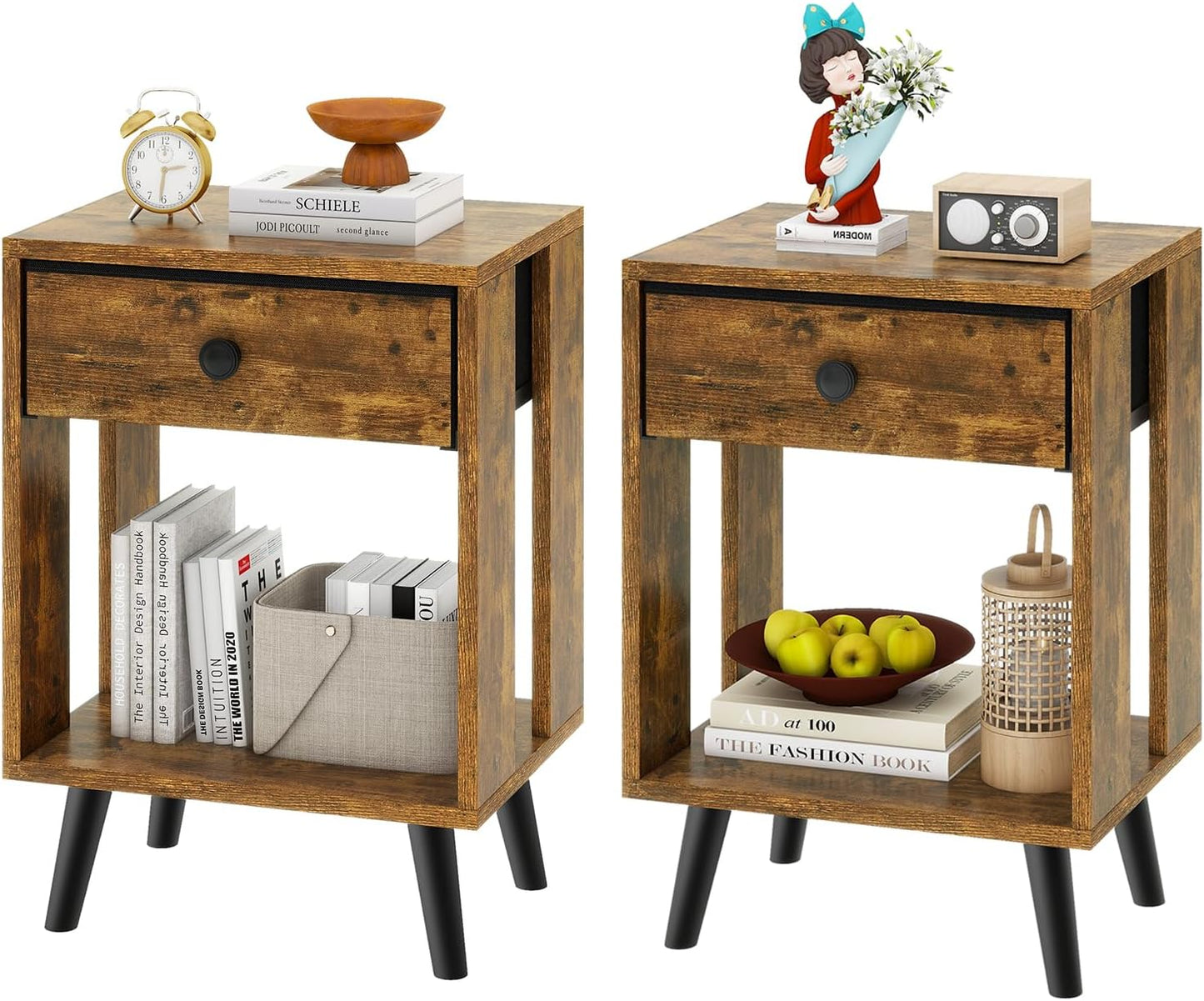 Royal Marwar Solid Mango Wood Bedside Table with Drawer & Open Shelf | Rustic Walnut Finish | Modern Nightstand