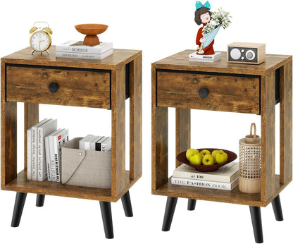 Royal Marwar Solid Mango Wood Bedside Table with Drawer & Open Shelf | Rustic Walnut Finish | Modern Nightstand
