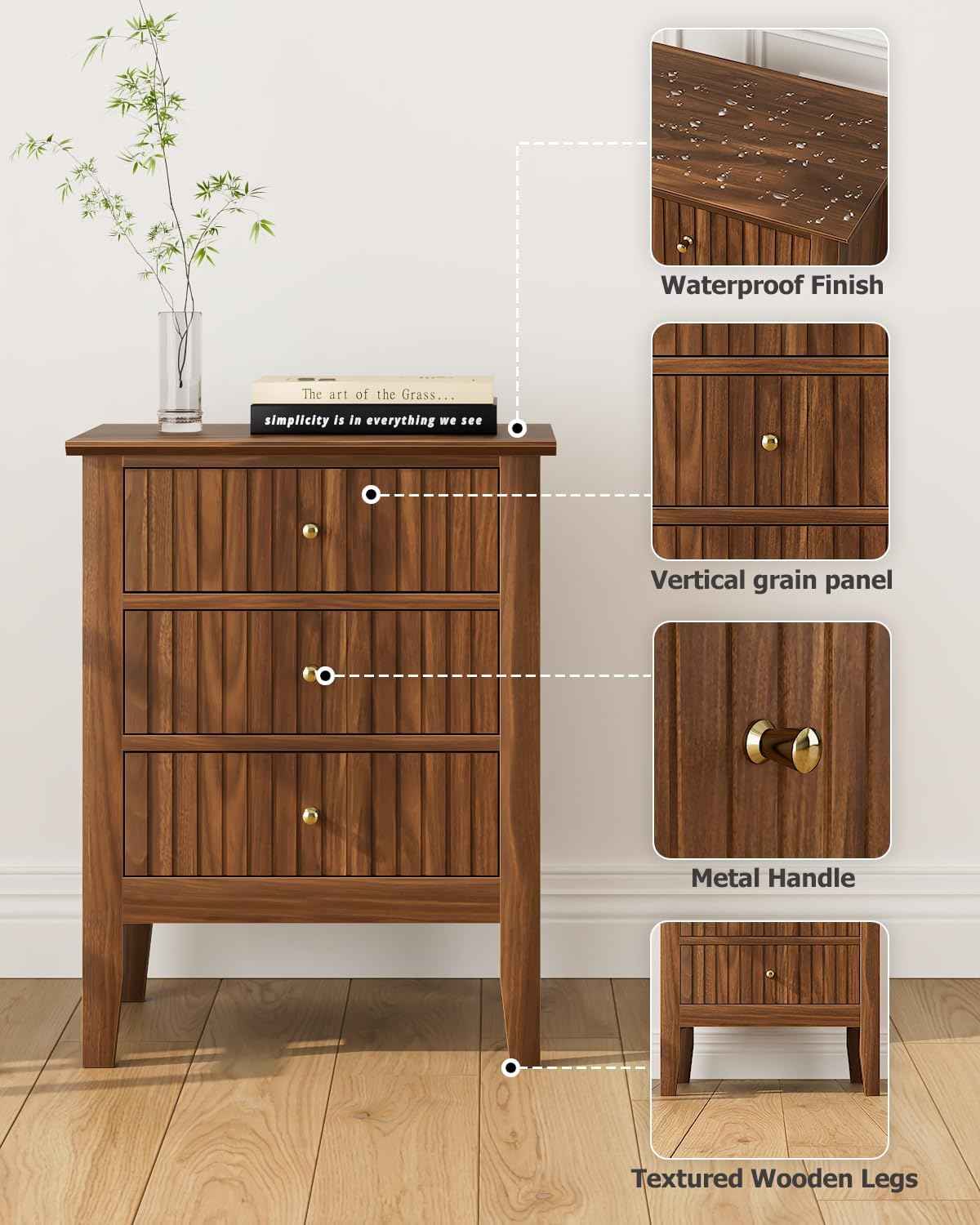 Royal Marwar Solid Mango Wood 3 Drawer Bedside Table | Honey Finish | Modern Nightstand for Bedroom