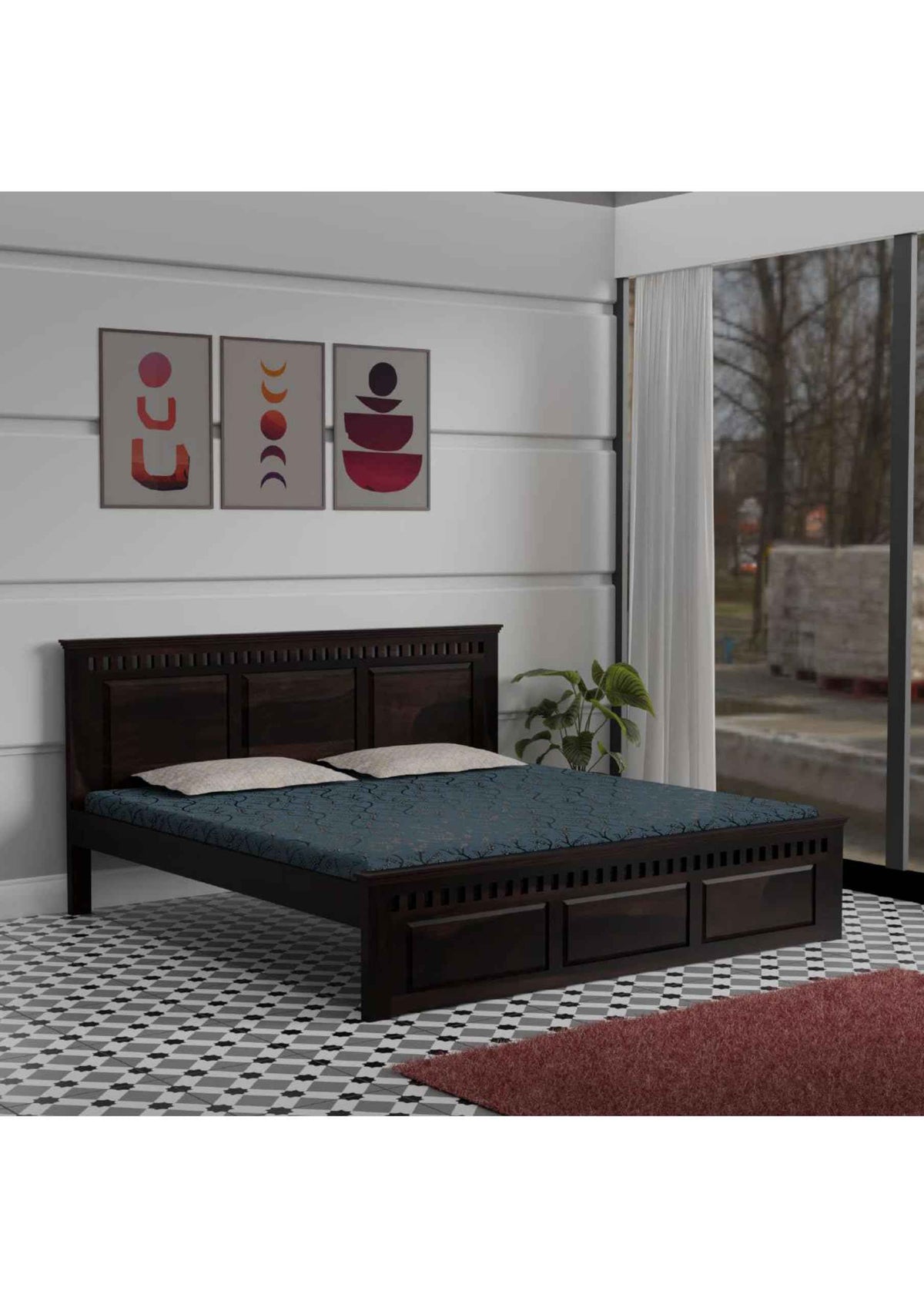 Royal Marwar Solid Sheesham Wood Bed Without Storage | Platform Panel Design | Double Bed for Bedroom & Hotels