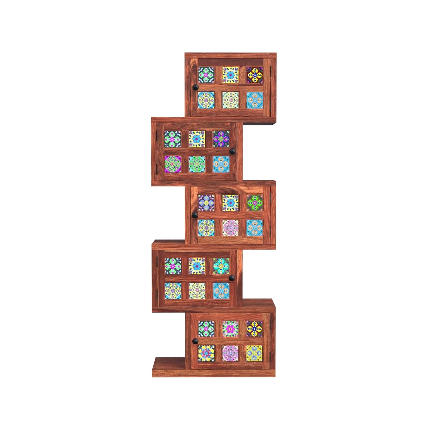 Royal Marwar Solid Sheesham Wood Bookcase | 5 Door Wooden Display Cabinet | Handcrafted Multicolor Tile Storage Shelf | Honey Finish