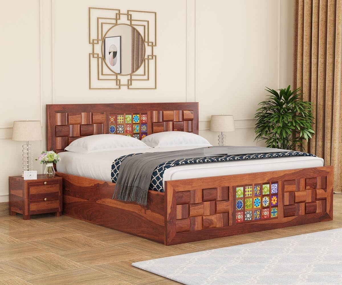 Royal Marwar Solid Sheesham Wood Queen Size Storage Bed | Decorative Tile Panel Design | Premium Honey Finish | Wooden Bed with Box Storage