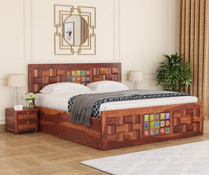 Royal Marwar Solid Sheesham Wood Queen Size Storage Bed | Decorative Tile Panel Design | Premium Honey Finish | Wooden Bed with Box Storage