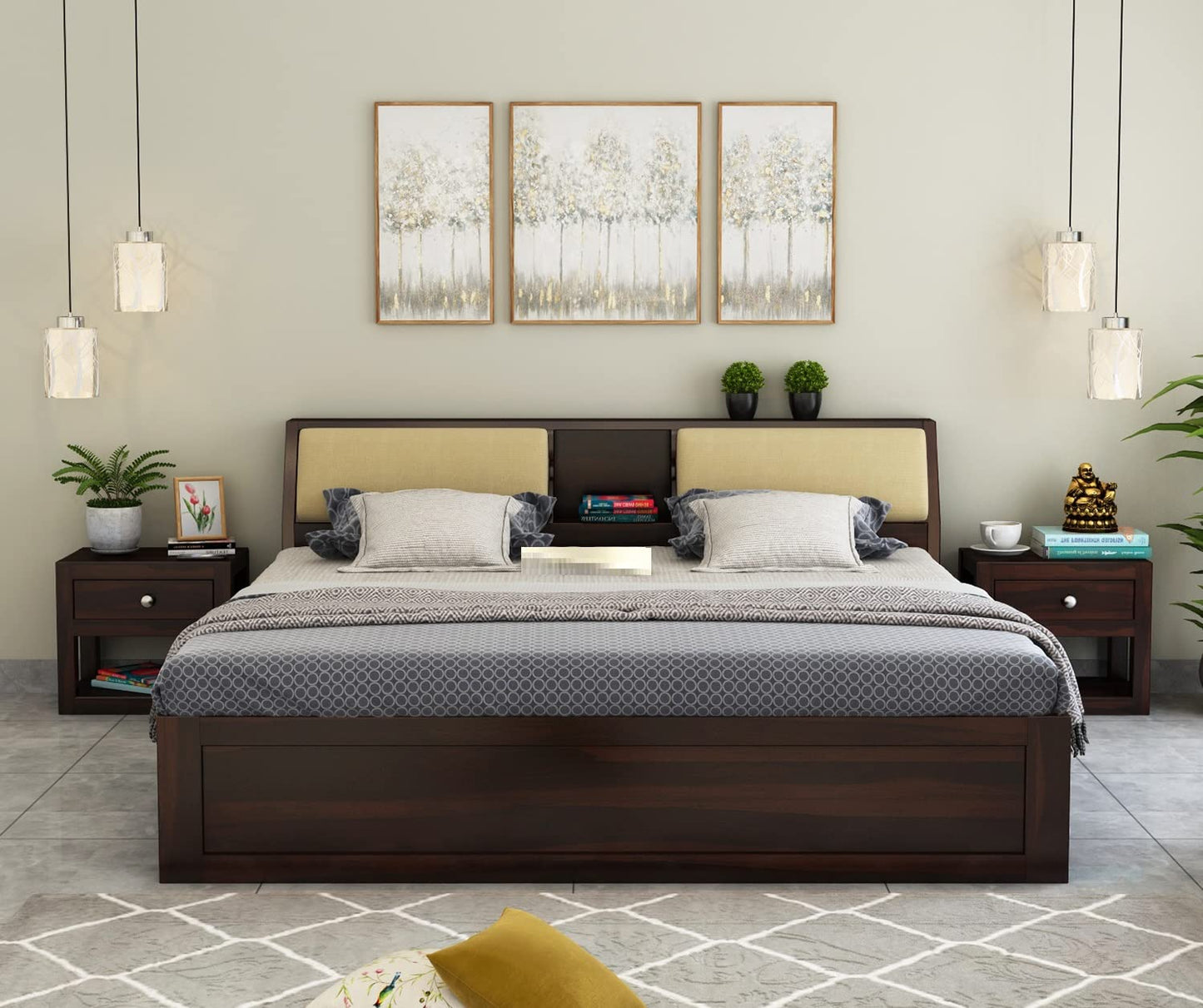Royal Marwar Solid Sheesham Wood King Size Storage Bed | Upholstered Headboard | Premium Walnut Finish