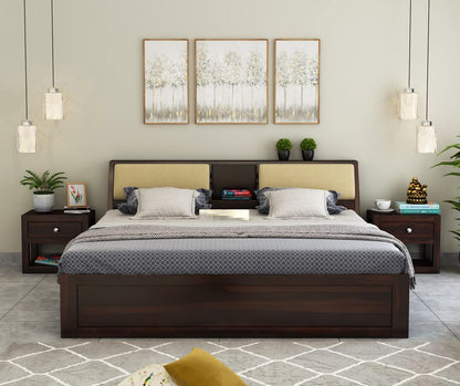 Royal Marwar Solid Sheesham Wood King Size Storage Bed | Upholstered Headboard | Premium Walnut Finish