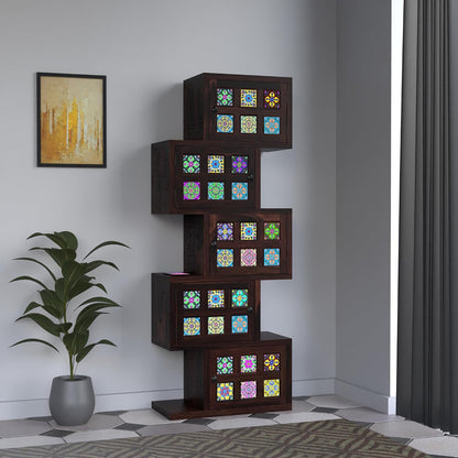 Royal Marwar Solid Sheesham Wood Bookcase | 5 Door Wooden Display Cabinet | Handcrafted Multicolor Tile Storage Shelf | Honey Finish