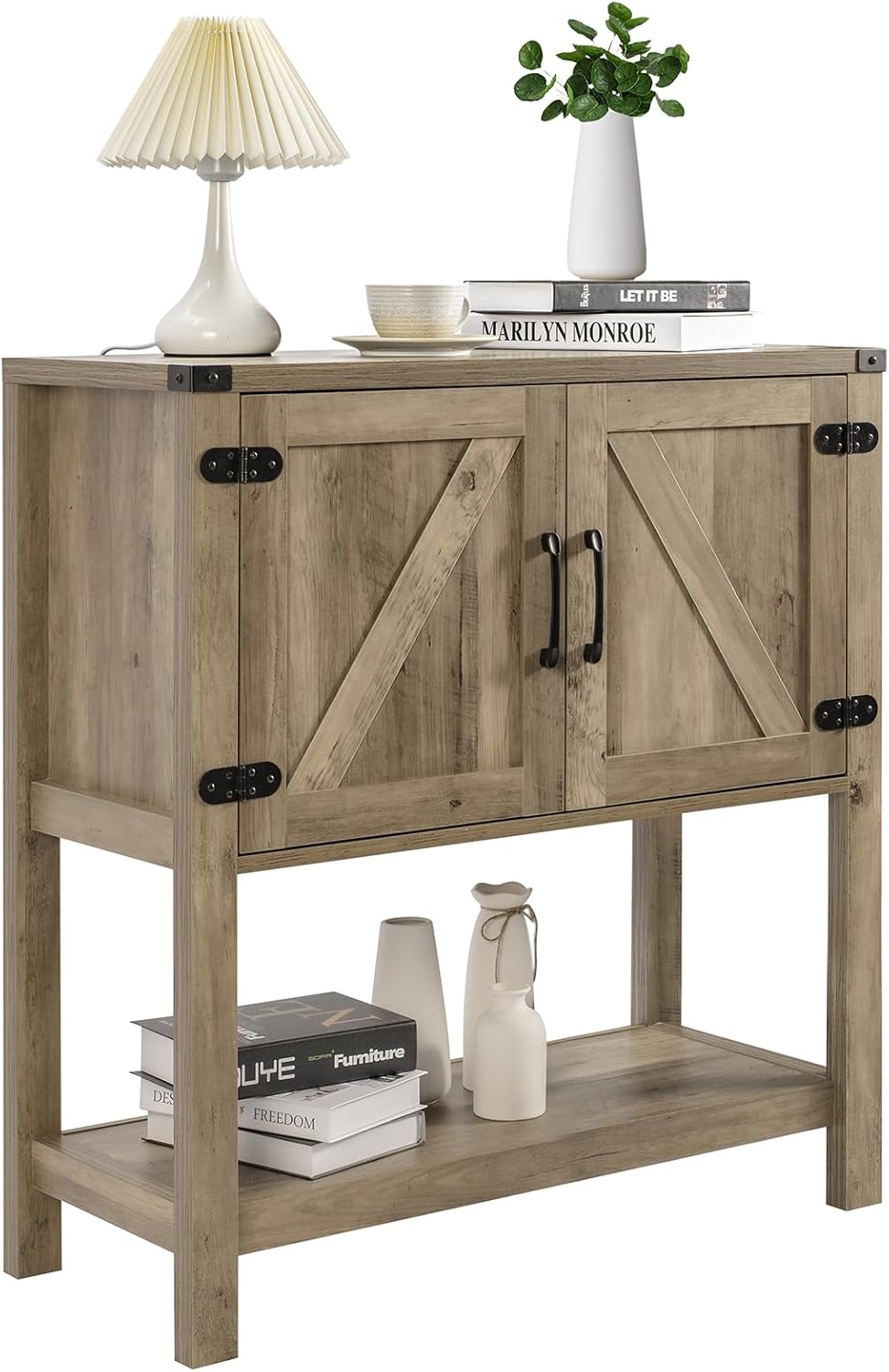 Light oak farmhouse entryway console table with storage cabinet, two shelves, black corner hardware