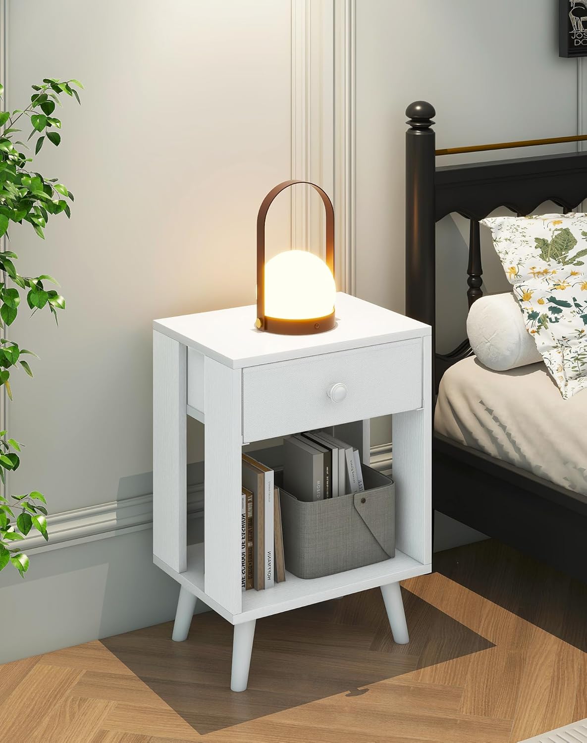 Royal Marwar Solid Mango Wood Bedside Table with Drawer & Open Shelf | White Finish | Modern Wooden Nightstand