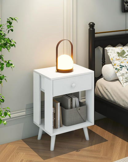 Royal Marwar Solid Mango Wood Bedside Table with Drawer & Open Shelf | White Finish | Modern Wooden Nightstand
