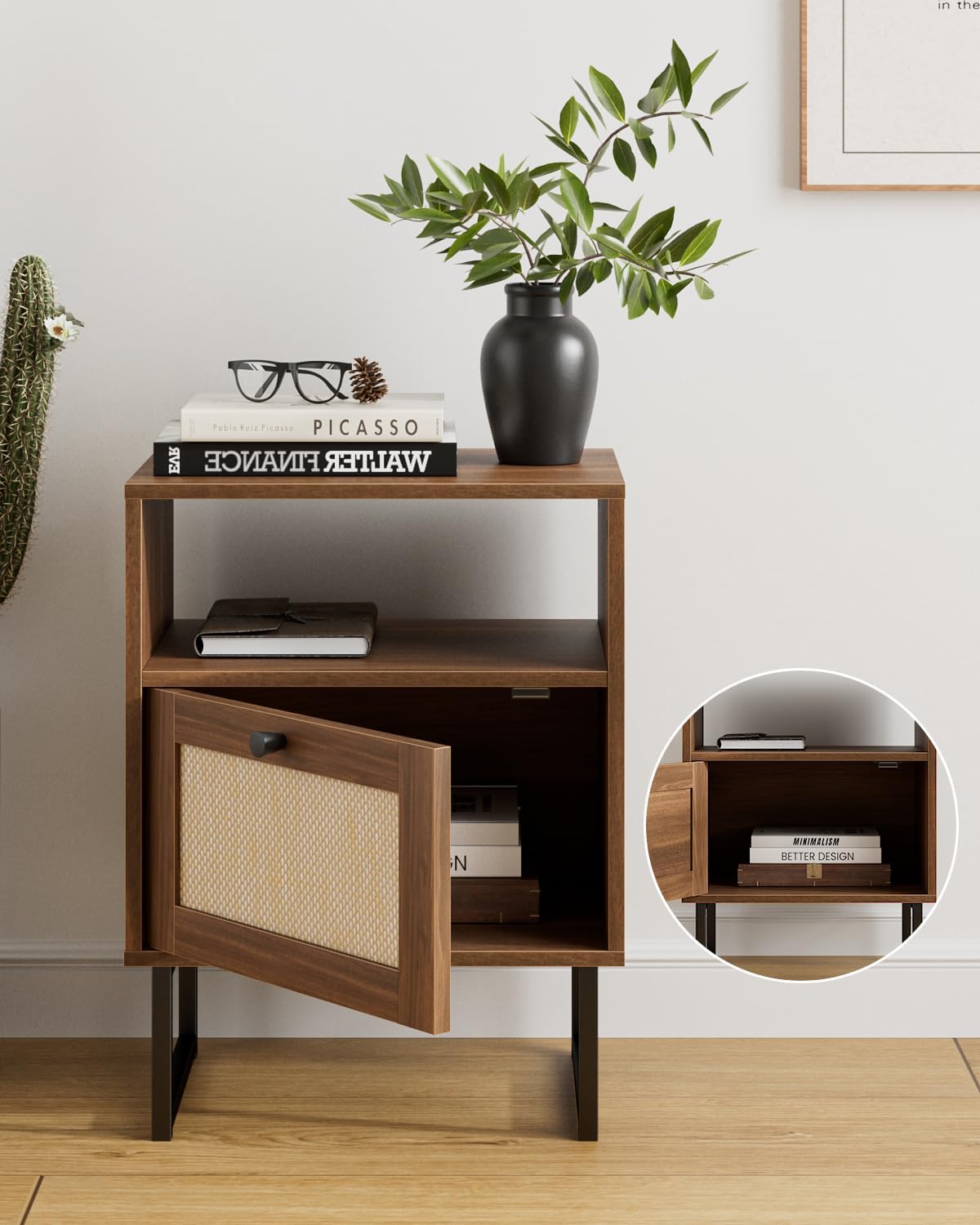 Royal Marwar Solid Mango Wood Bedside Table with Rattan Sliding Door & Open Shelf | Walnut Finish | Modern Nightstand