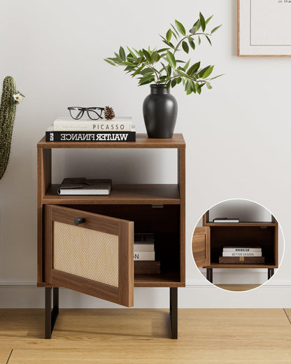 Royal Marwar Solid Mango Wood Bedside Table with Rattan Sliding Door & Open Shelf | Walnut Finish | Modern Nightstand
