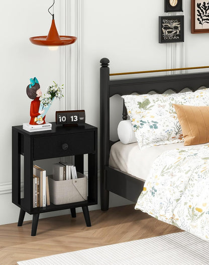 Royal Marwar Solid Mango Wood Bedside Table with Drawer & Open Shelf | Honey Finish | Modern Nightstand