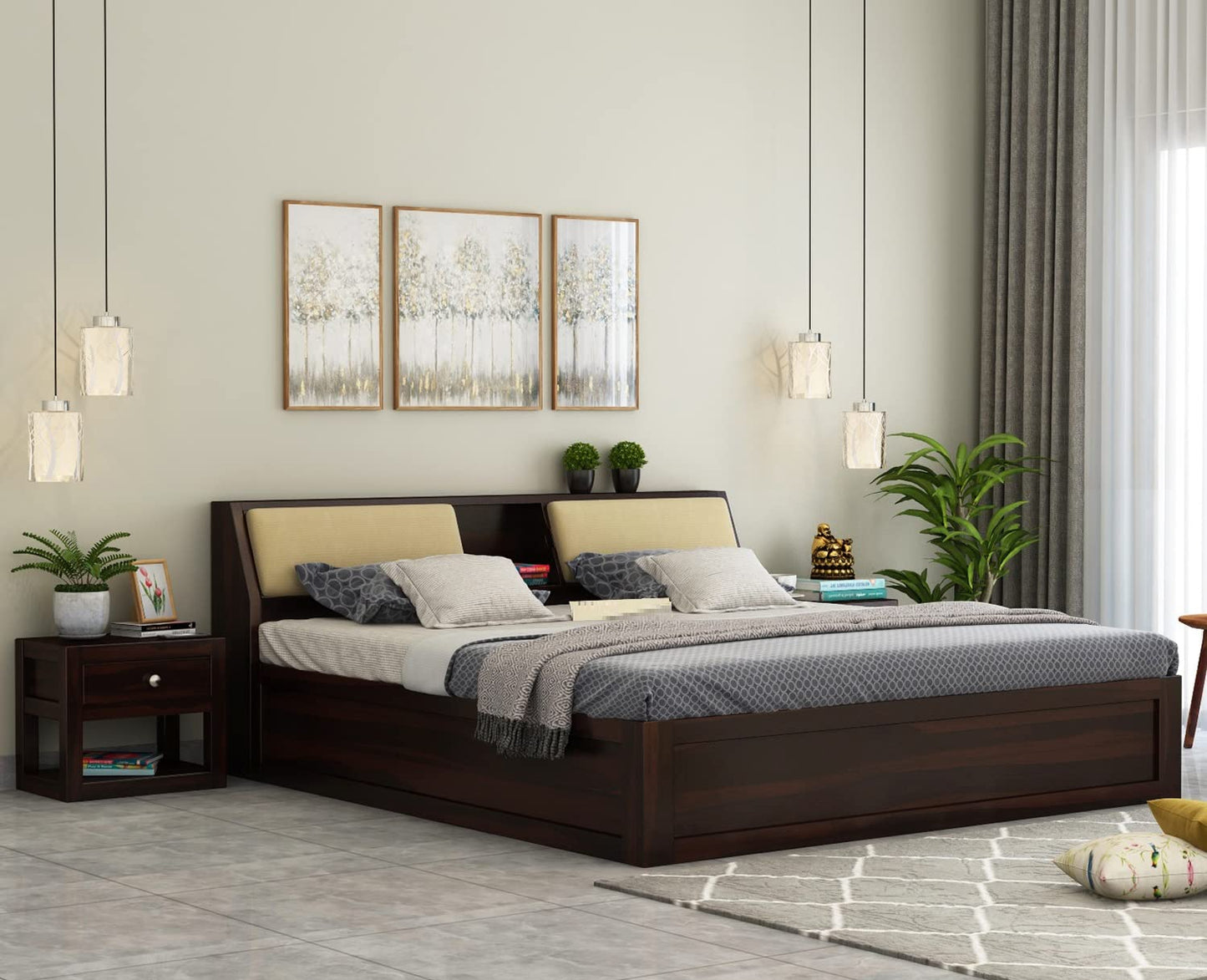Royal Marwar Solid Sheesham Wood King Size Storage Bed | Upholstered Headboard | Premium Walnut Finish