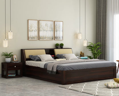 Royal Marwar Solid Sheesham Wood King Size Storage Bed | Upholstered Headboard | Premium Walnut Finish