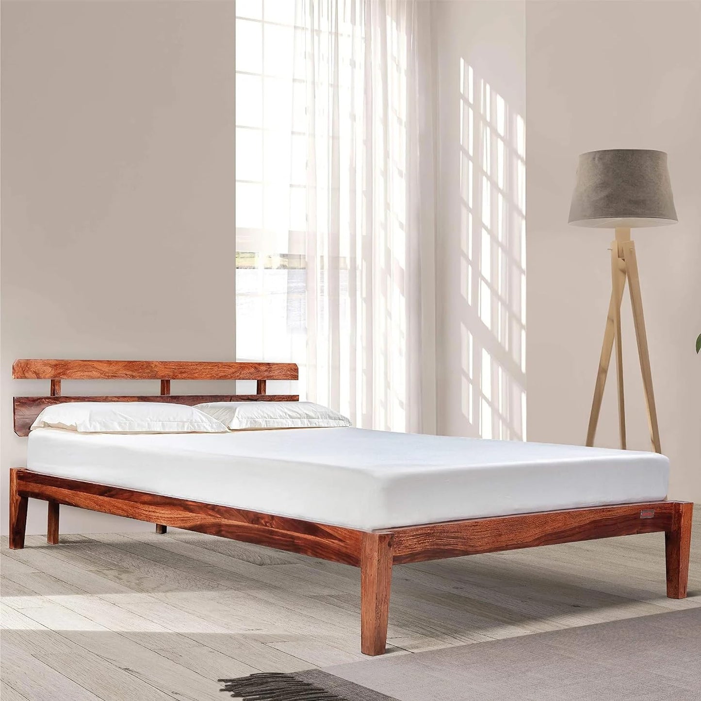 Royal Marwar Solid Sheesham Wood King Size Bed | Premium Honey Finish | Wooden Bed Without Storage | Modern Slatted Headboard