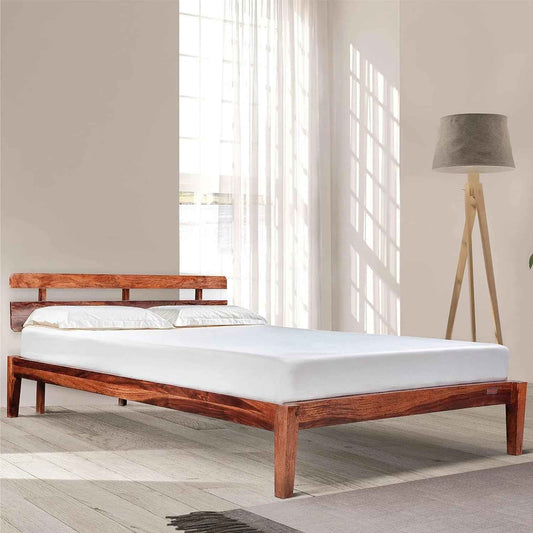 Royal Marwar Solid Sheesham Wood King Size Bed | Premium Honey Finish | Wooden Bed Without Storage | Modern Slatted Headboard