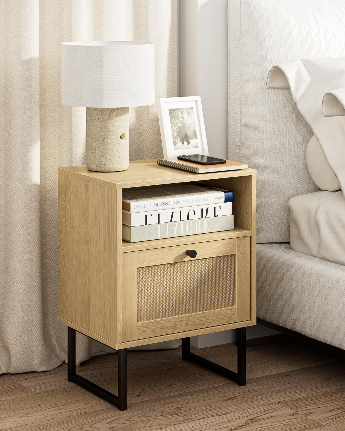 Royal Marwar Solid Mango Wood Bedside Table with Rattan Drawer & Open Shelf | Natural Finish | Modern Nightstand