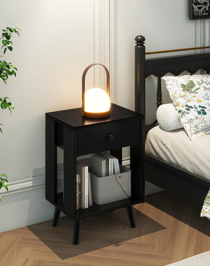 Royal Marwar Solid Mango Wood Bedside Table with Drawer & Open Shelf | Honey Finish | Modern Nightstand