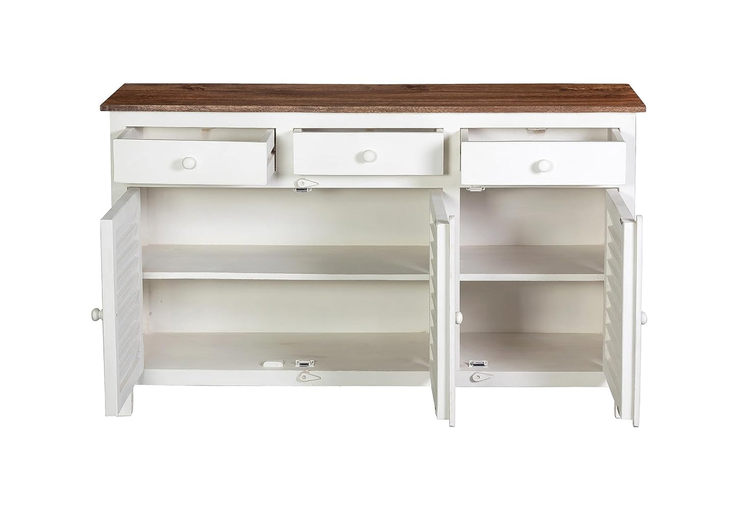 Royal Marwar Solid Mango Wood Sideboard Cabinet with 3 Drawers & 3 Shutter Doors | White & Green Finish | Farmhouse Storage Cabinet
