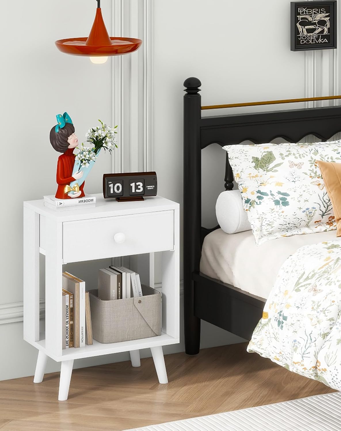 Royal Marwar Solid Mango Wood Bedside Table with Drawer & Open Shelf | White Finish | Modern Wooden Nightstand