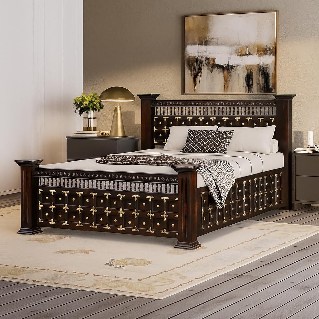 Maharaja Solid Sheesham Wood King Size Bed | Handcrafted Royal Wooden Bed | Traditional Indian Carved Design | Metal Stud Detailing | Dark Walnut Finish