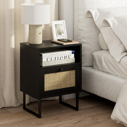 Royal Marwar Solid Mango Wood Bedside Table with Rattan Drawer & Open Shelf | Honey Finish | Modern Nightstand
