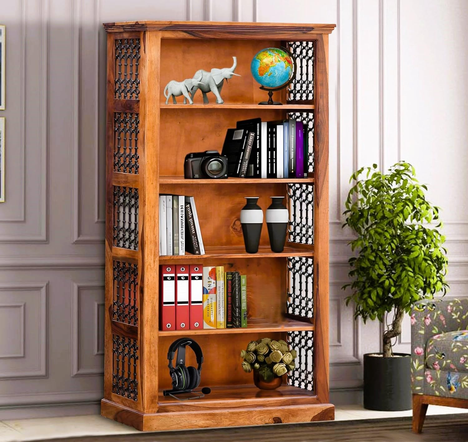 Royal Marwar Solid Sheesham Wood Bookshelf with 5 Open Shelves & Metal Jali Side