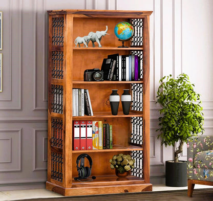 Royal Marwar Solid Sheesham Wood Bookshelf with 5 Open Shelves & Metal Jali Side