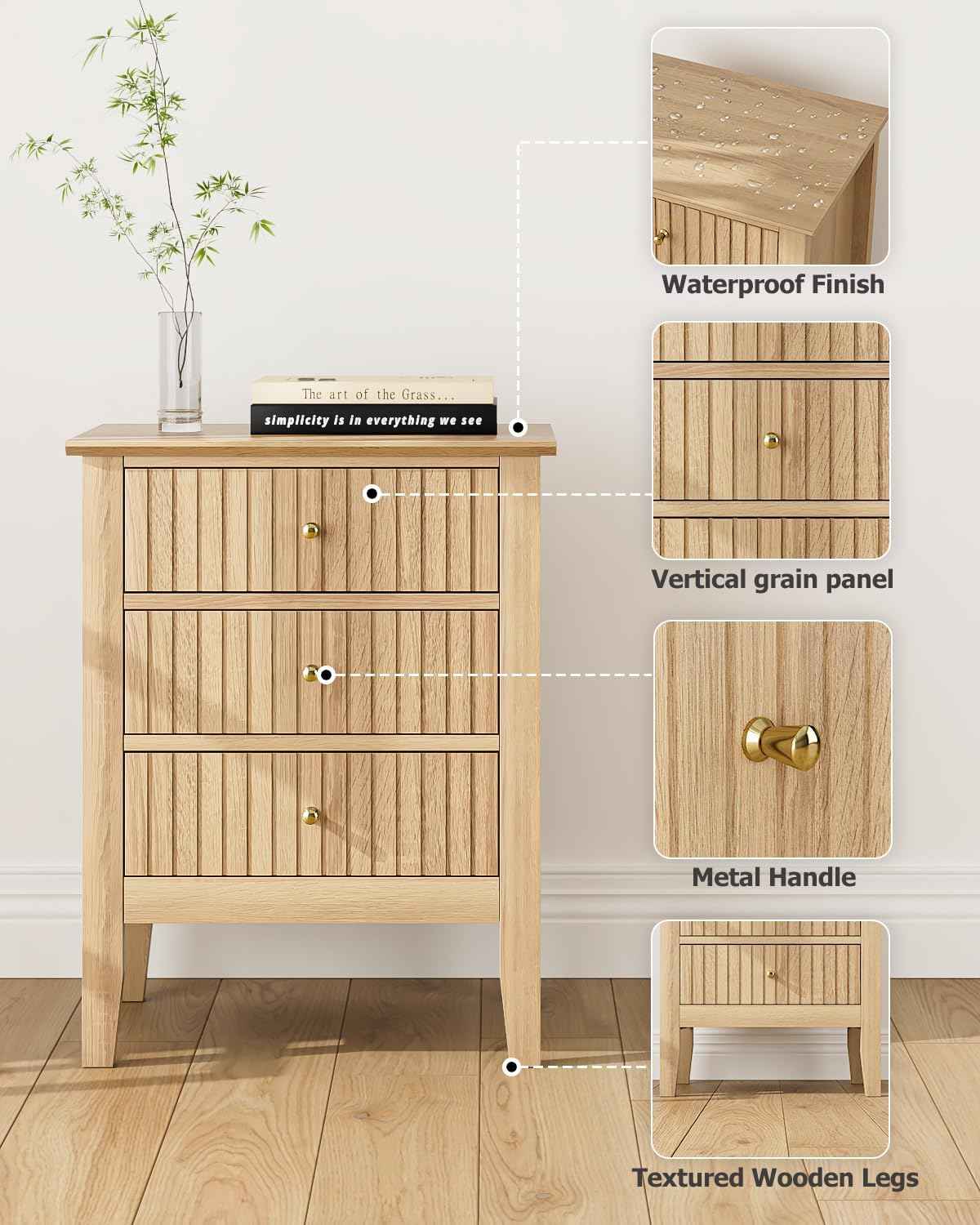 Royal Marwar Solid Mango Wood 3 Drawer Bedside Table | Honey Finish | Modern Nightstand for Bedroom