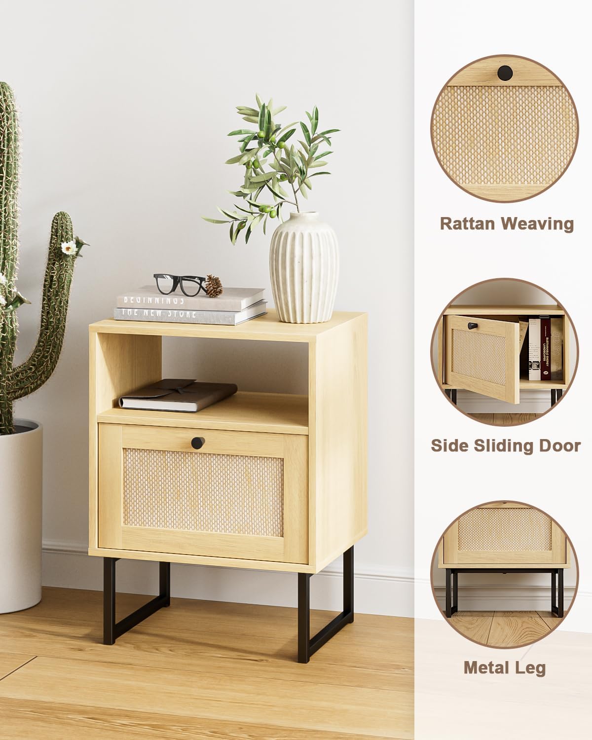 Royal Marwar Solid Mango Wood Bedside Table with Rattan Drawer & Open Shelf | Natural Finish | Modern Nightstand