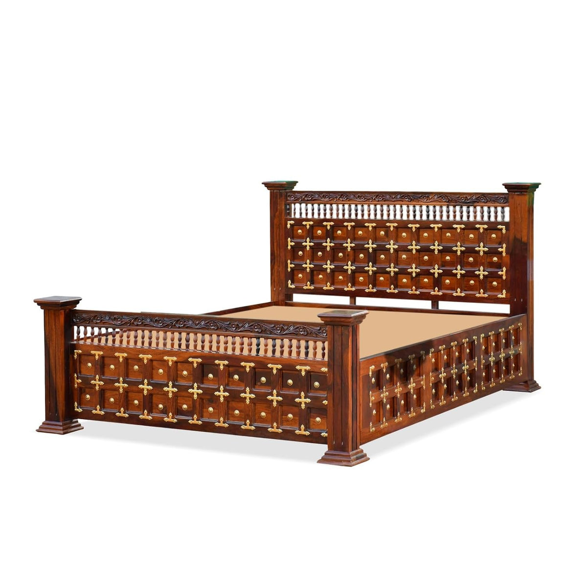 Maharaja Solid Sheesham Wood King Size Bed | Handcrafted Royal Wooden Bed | Traditional Indian Carved Design | Metal Stud Detailing | Dark Walnut Finish
