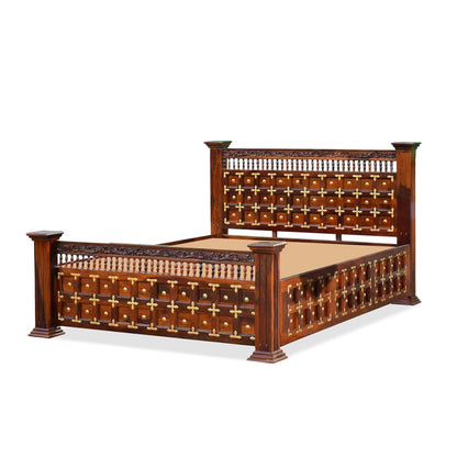 Maharaja Solid Sheesham Wood King Size Bed | Handcrafted Royal Wooden Bed | Traditional Indian Carved Design | Metal Stud Detailing | Dark Walnut Finish