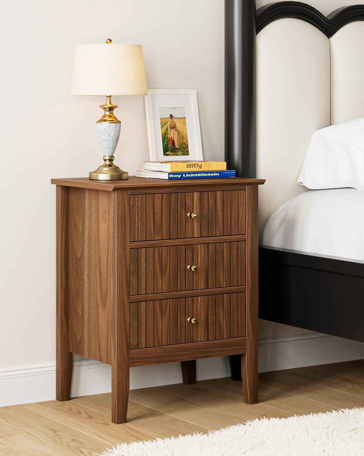 Royal Marwar Solid Mango Wood 3 Drawer Bedside Table | Honey Finish | Modern Nightstand for Bedroom
