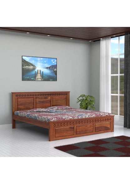 Royal Marwar Solid Sheesham Wood Queen Size Bed | Handcrafted Panel Design | Premium Honey Finish | Wooden Bed Without Storage