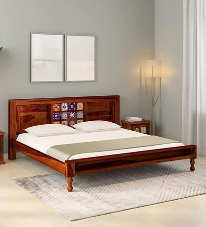 Royal Marwar Solid Sheesham Wood King Size Bed | Premium Honey Finish | Handcrafted Tile Headboard | Wooden Bed Without Storage