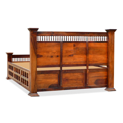Maharaja Solid Sheesham Wood King Size Bed | Handcrafted Royal Wooden Bed | Traditional Indian Carved Design | Metal Stud Detailing | Dark Walnut Finish