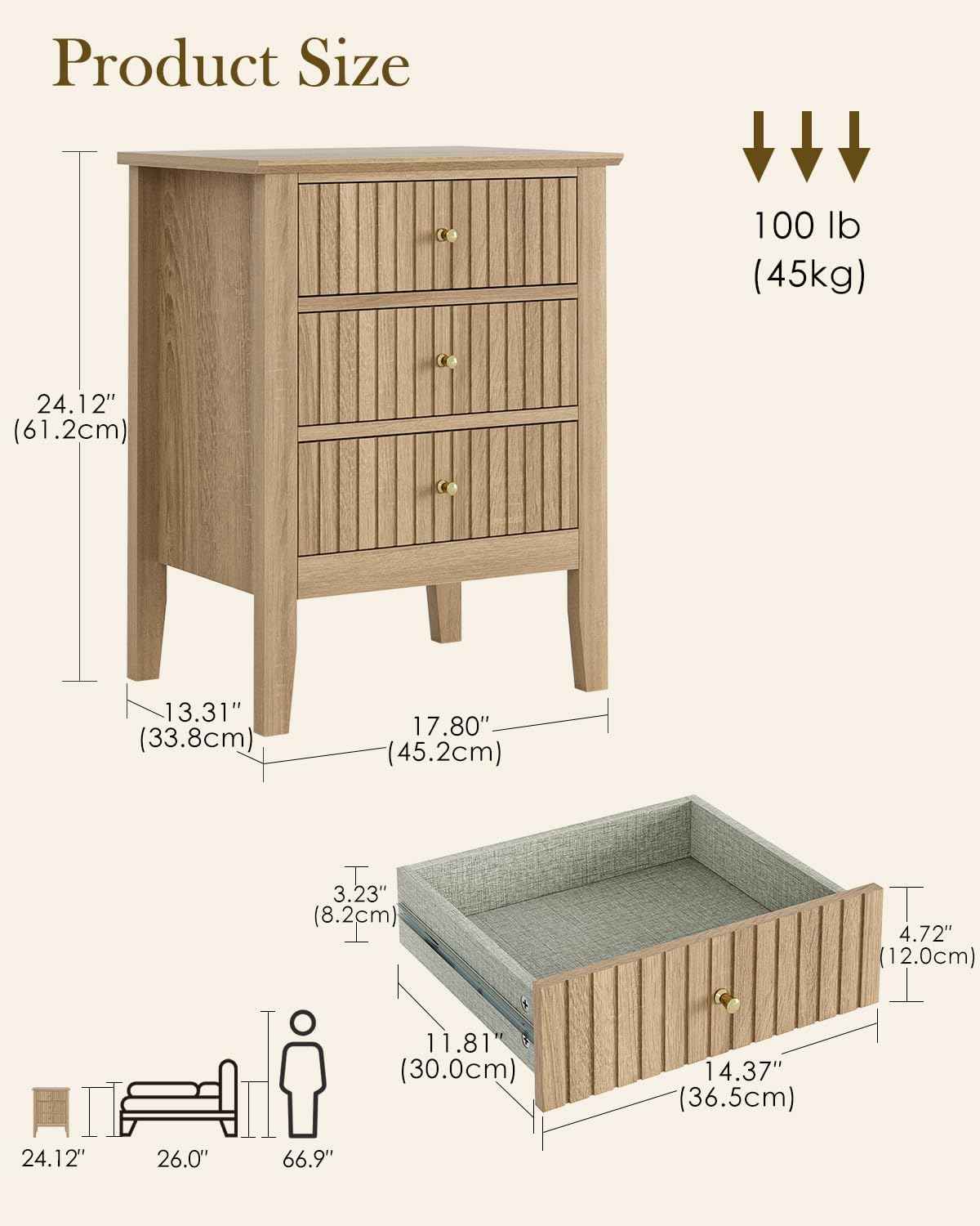 Royal Marwar Solid Mango Wood 3 Drawer Bedside Table | Honey Finish | Modern Nightstand for Bedroom