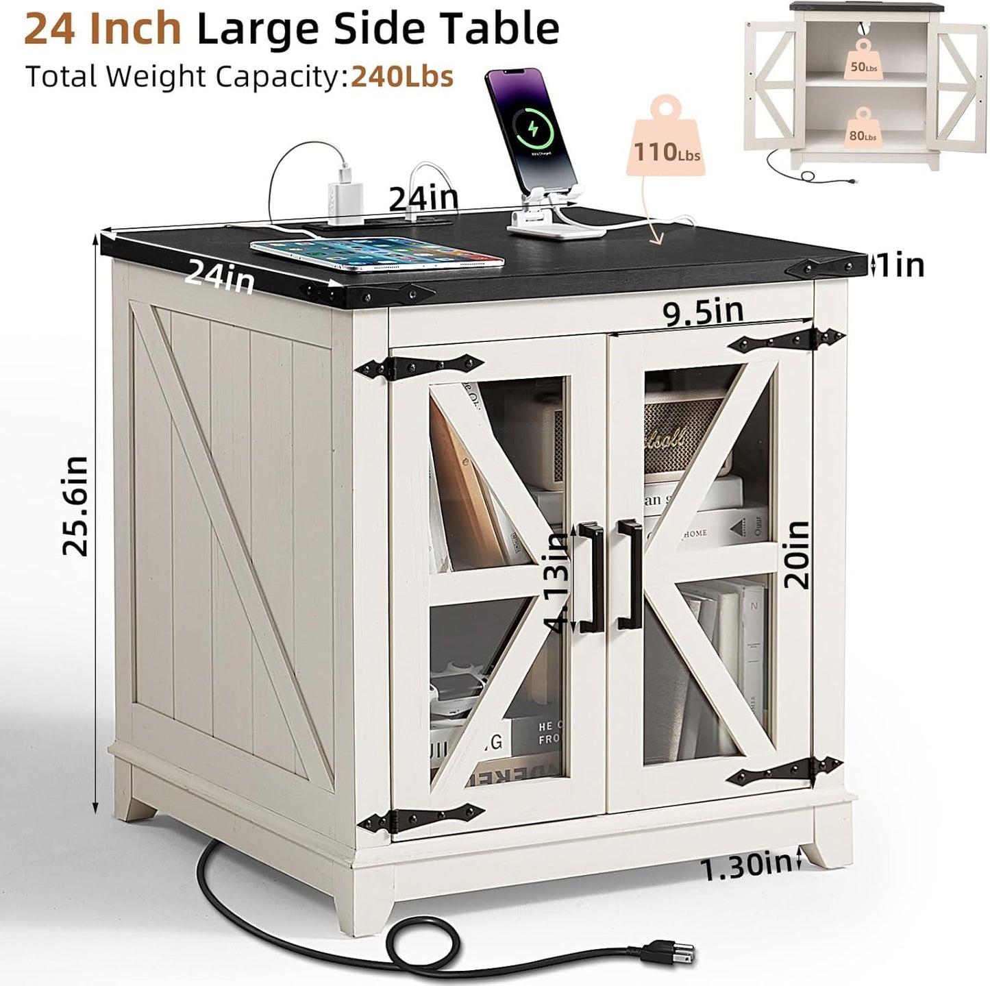 Royal Marwar Solid Mango Wood Side Table | Bedside Table with 2 Glass Door Storage Cabinet | Black Finish
