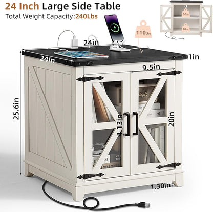 Royal Marwar Solid Mango Wood Side Table | Bedside Table with 2 Glass Door Storage Cabinet | Black Finish
