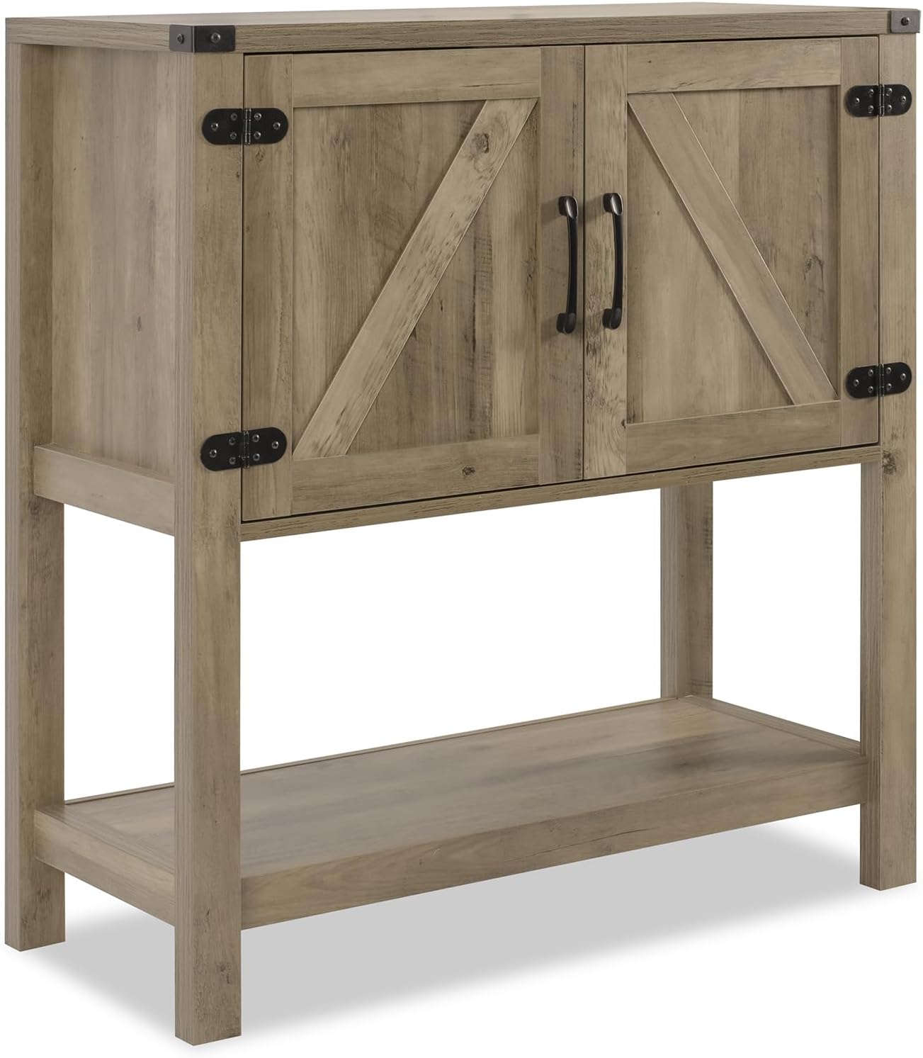 Light oak entryway console table with storage cabinet, two shelves, black strap hinges