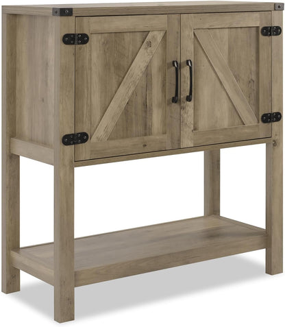 Light oak entryway console table with storage cabinet, two shelves, black strap hinges