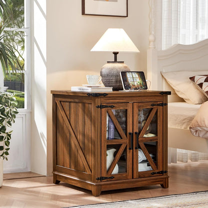Royal Marwar Solid Mango Wood Side Table | Bedside Table with 2 Glass Door Storage Cabinet | Black Finish