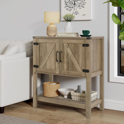 Light oak entryway console table with storage cabinet, open shelf storage, black hardware