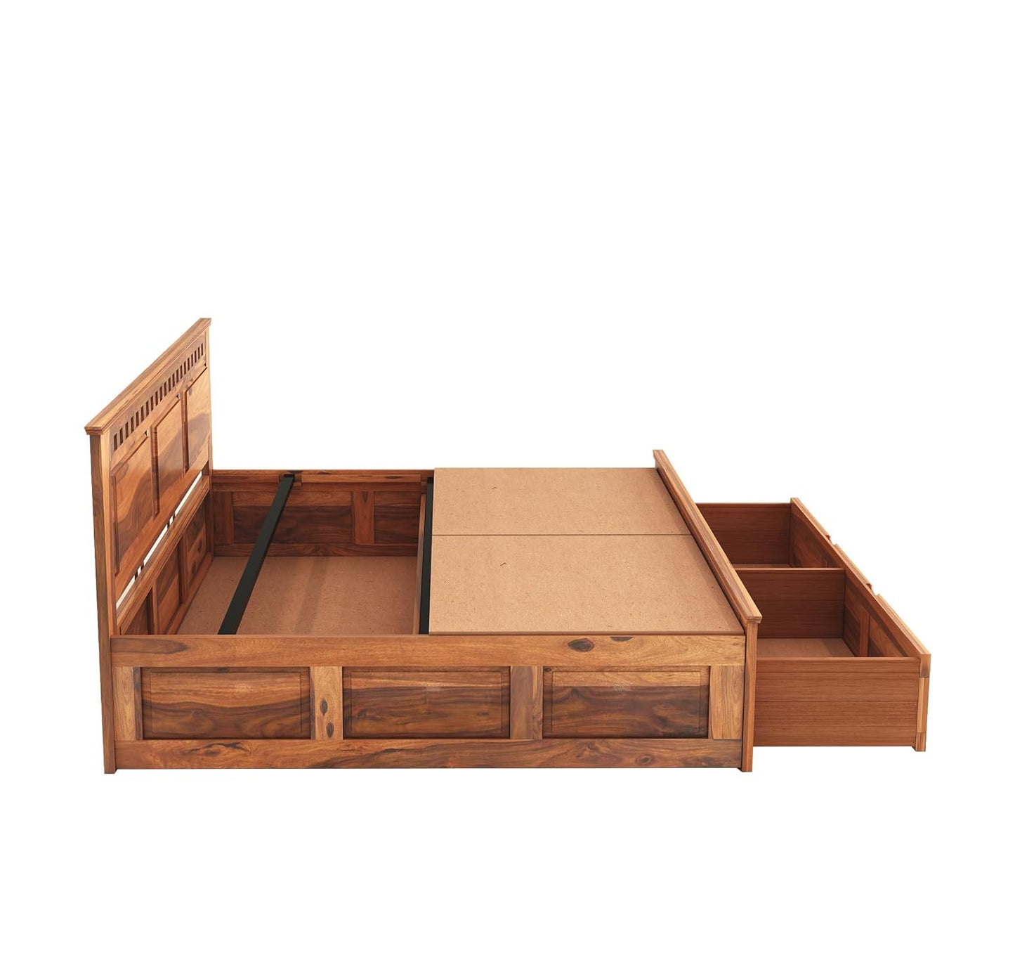Royal Marwar Solid Sheesham Wood Storage Bed | King Size | Premium Honey Finish | Wooden Bed with Box Storage