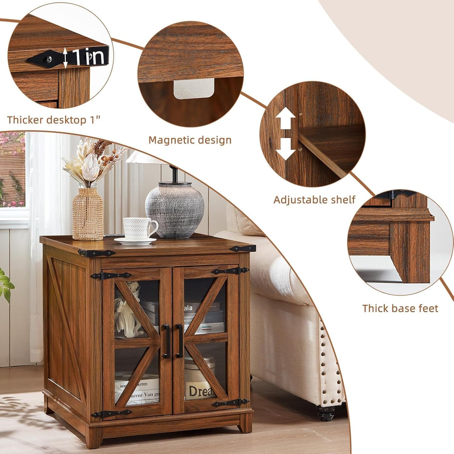 Royal Marwar Solid Mango Wood Side Table | Bedside Table with 2 Glass Door Storage Cabinet | Black Finish