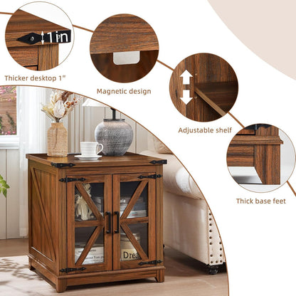 Royal Marwar Solid Mango Wood Side Table | Bedside Table with 2 Glass Door Storage Cabinet | Black Finish