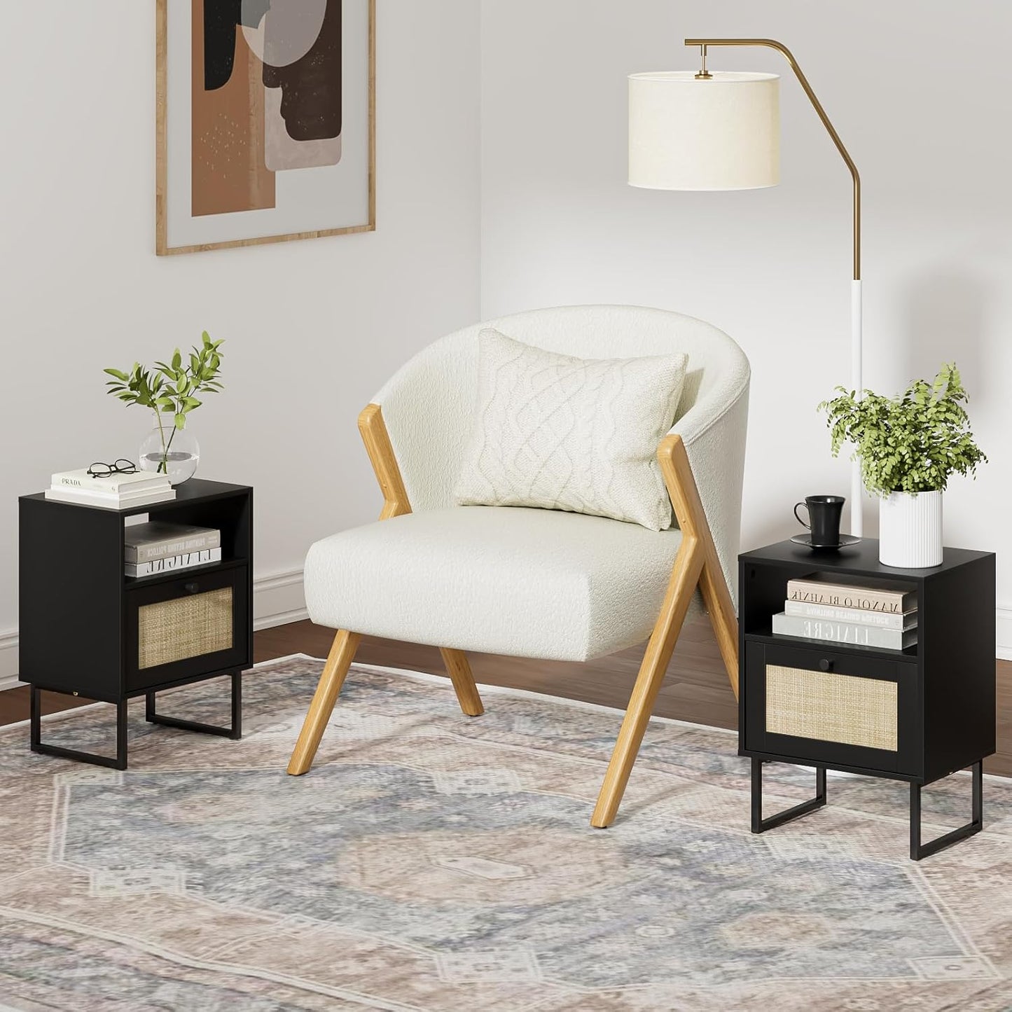 Royal Marwar Solid Mango Wood Bedside Table with Rattan Drawer & Open Shelf | Honey Finish | Modern Nightstand