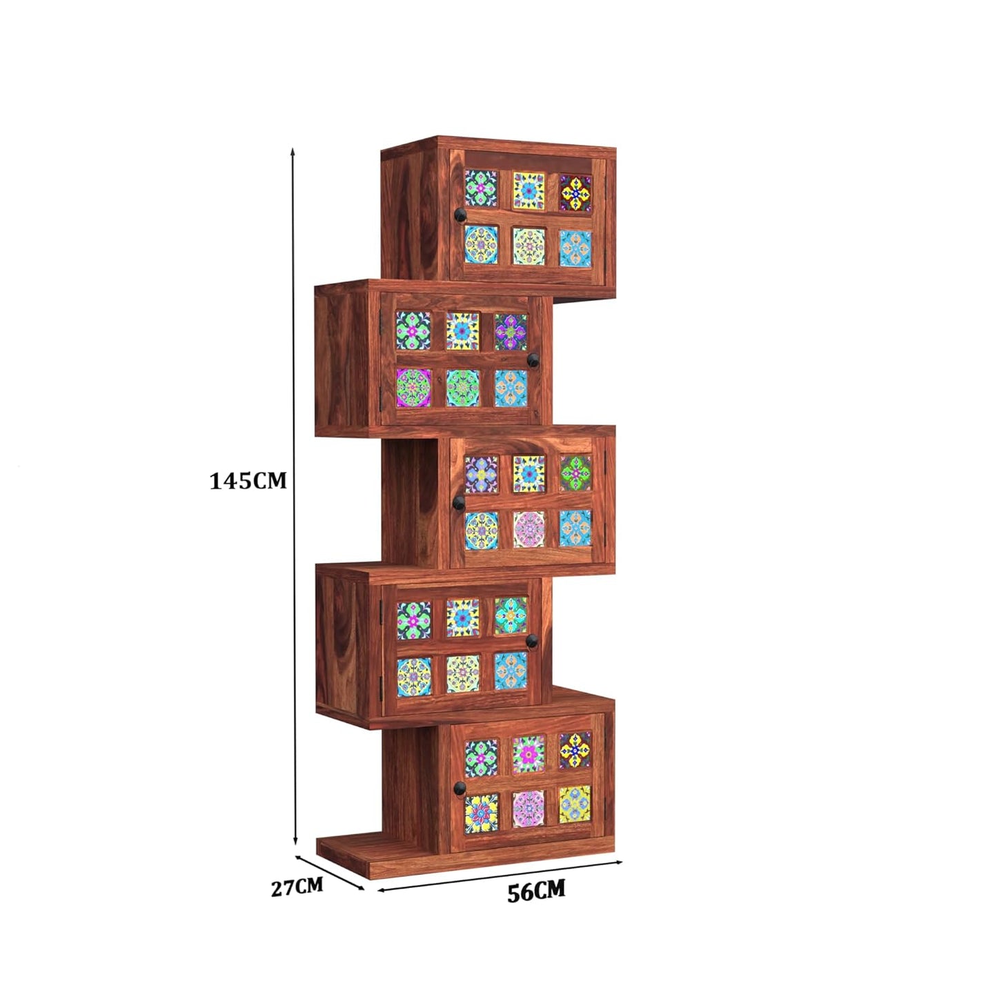 Royal Marwar Solid Sheesham Wood Bookcase | 5 Door Wooden Display Cabinet | Handcrafted Multicolor Tile Storage Shelf | Honey Finish