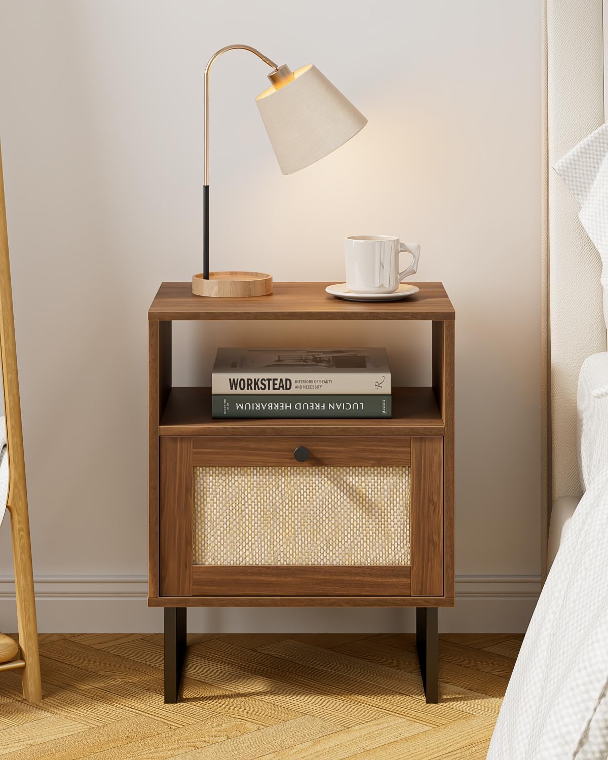 Royal Marwar Solid Mango Wood Bedside Table with Rattan Sliding Door & Open Shelf | Walnut Finish | Modern Nightstand